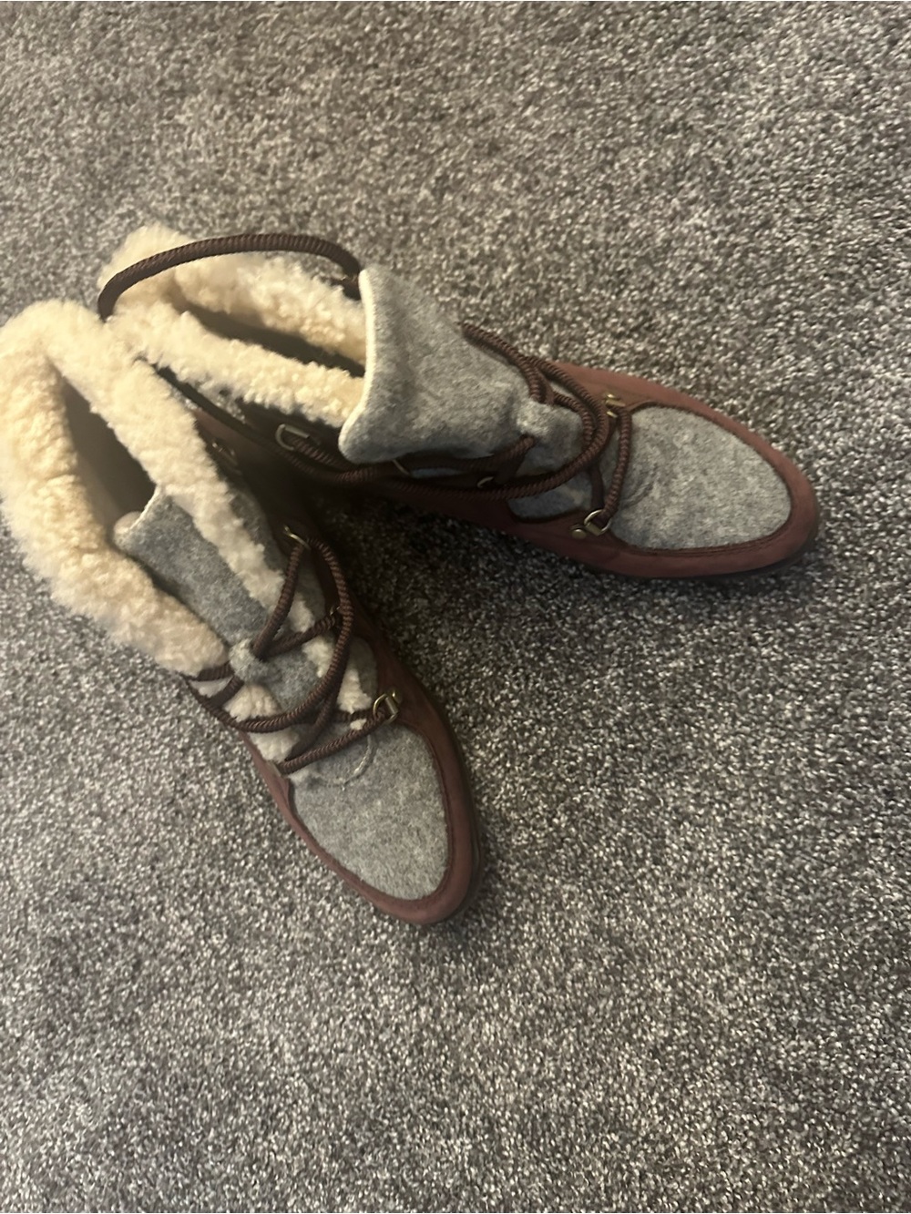 Sorel Brown Lace-Up Wool Felt Boots with Cream Shearling